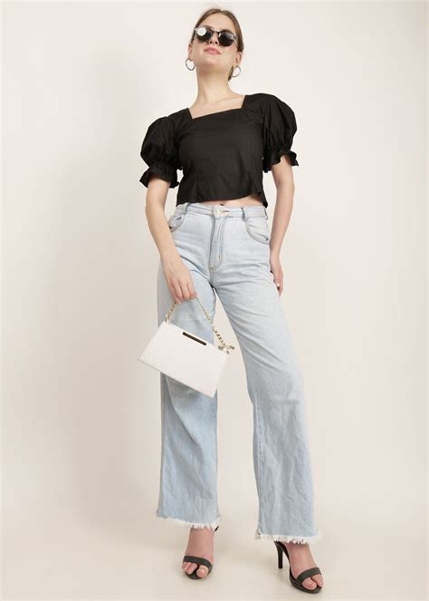 Black Beauty Regular Length Round Neck Top with Puff Sleeves By Wyshlist