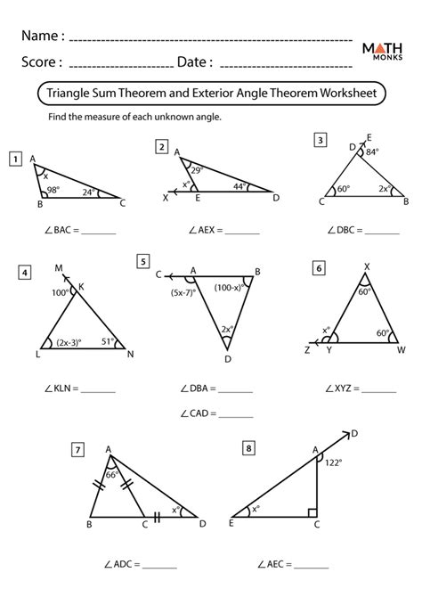 Triangle Interior Angle Sum Theorem Worksheet - Angleworksheets.com