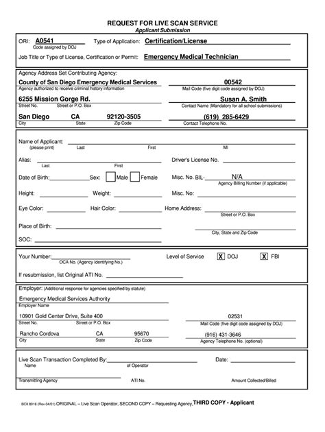 Fillable Online REQUEST FOR LIVE SCAN SERVICE Applicant Submission ...
