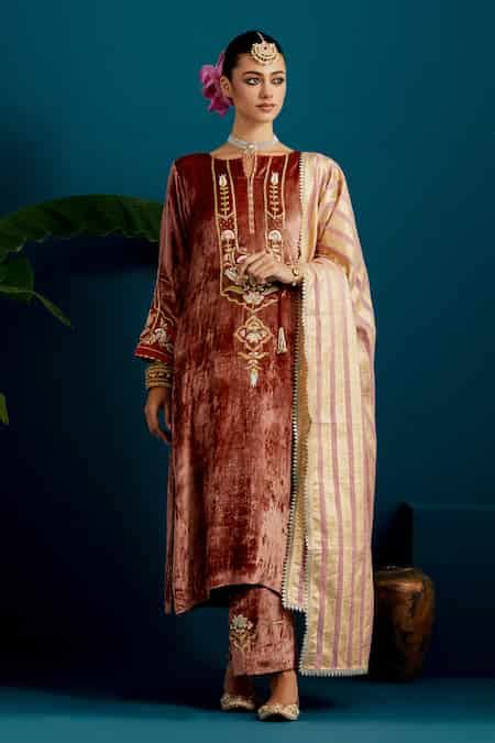 Buy Brown Viscose, Chanderi Beads, Patchwork, Resham Floral Kurta Pant ...