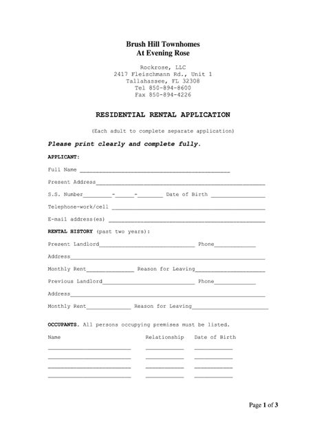 Brush Hill Townhomes Residential Rental Application - Blank Fillable ...