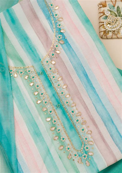 Buy Sea Green Printed Tissue Unstitched Salwar Suit - Koskii