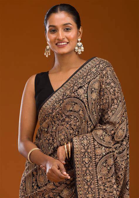 Buy Black Zariwork Georgette Saree - Koskii