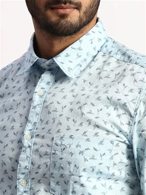 Men Blue Slim Fit Print Cotton Full Sleeve Cut Away Collar Shirts ...