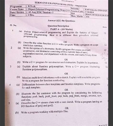 CSE2001: Object Oriented Programming TEE Paper - August 2024 - Studocu