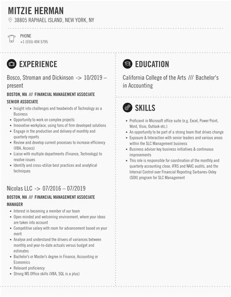 Financial Management Associate Resume Samples | Velvet Jobs