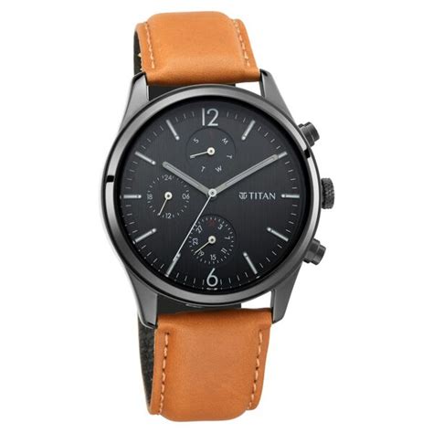 Buy Online Titan Workwear Multifunction Black Dial Tan Leather Strap ...