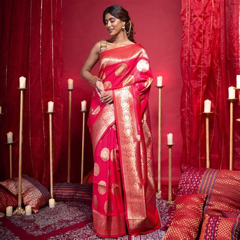 Bangalore silk saree in red color with zari chakra motifs and border ...
