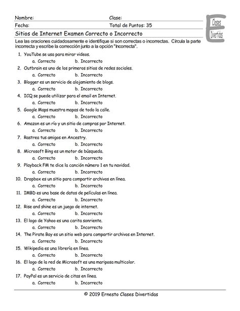 Internet Sites Spanish Correct-Incorrect Exam | Teaching Resources