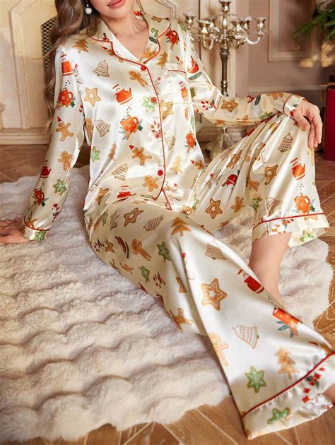 CoupledUp Cartoon Christmas Pattern Long Sleeve Top & Pants Pajama ...
