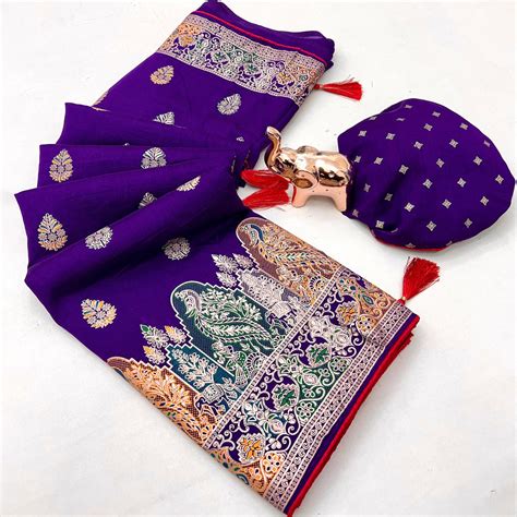 Royal Purple Luxury Pure Silk Saree Crafted With Floral Meenakari Foil