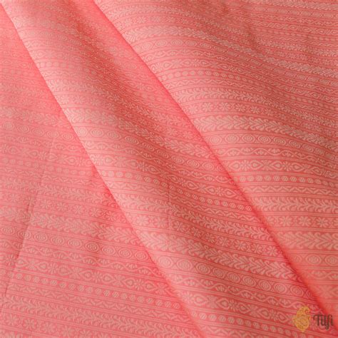 Coral Peach Pure Katan Silk Banarasi Handloom Fabric - Tilfi