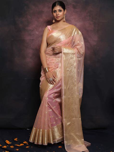 Banarasee Organza Mix Saree With Zari Buti & Border-Pink