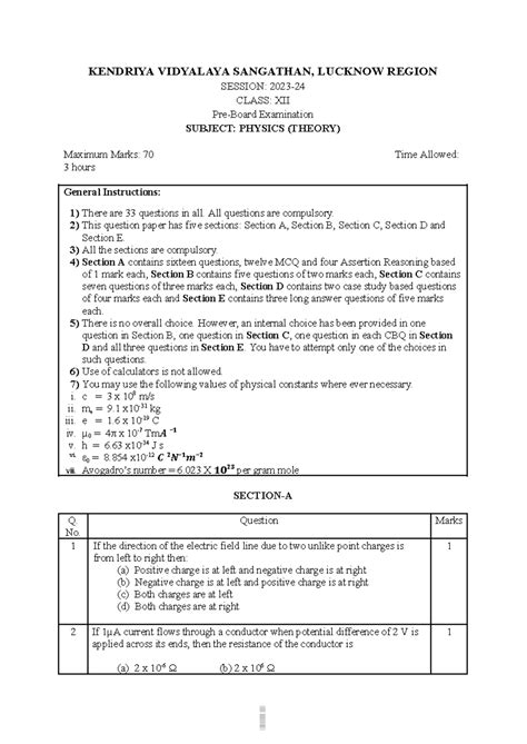 Class XII Physics Theory Exam Paper (Max Marks: 70) - Studocu