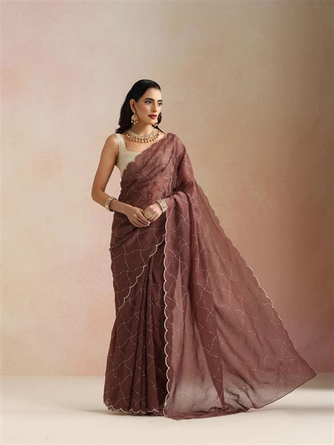 trueBrowns Copper Zari Jaal Embroidered Saree With Unstitched Blouse