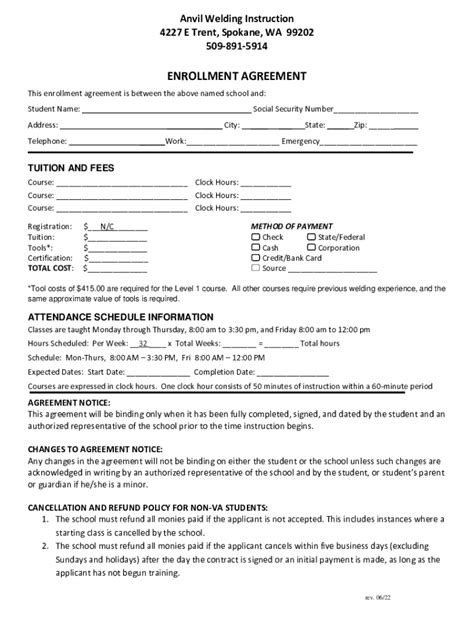 2022-2026 Form Anvil Welding Instruction Enrollment Agreement - Blank ...