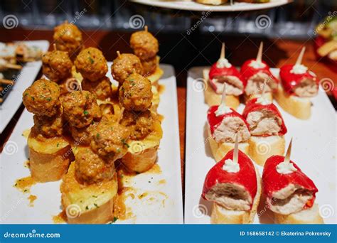 Variety of Pinchos Pintxos in a Bar of San Sebastian, Spain Stock Photo ...