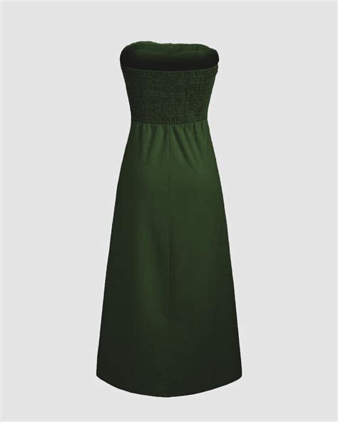 Off-Shoulder Denim Front Slit Tube Maxi Dress In Olive Green ...