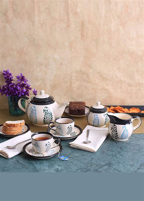 Get Ceramic Handmade Tea Set With Kettle Black Boota Printed Tea Sets ...