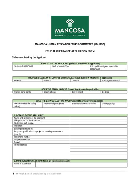 MANCOSA Ethical Clearance Application Template ... Doc Template | pdfFiller