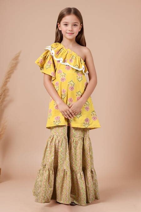 Buy Yellow Cotton Embroidery Adorable Sunshine Print Frill Kurta With ...