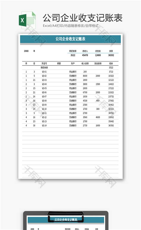 公司企业收支记账表Excel模板_千库网(excelID：145363)