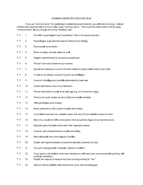 Common Sense Psychology Quiz - COMMON SENSE PSYCHOLOGY QUIZ If you use ...