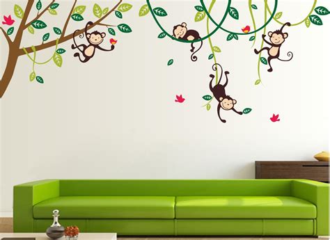 CAVE ART ' Monkey Hanging On Tree Branch Birds Decal Wall Stickers for ...