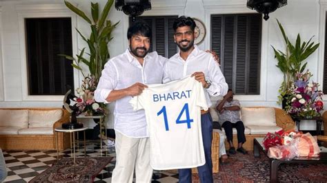 KS Bharat Presents Test Jersey To South Indian Actor Chiranjeevi In A ...