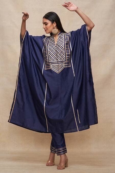 Buy Blue Chanderi Silk Gota Patti Bandeau Neck Embellished Kaftan For ...