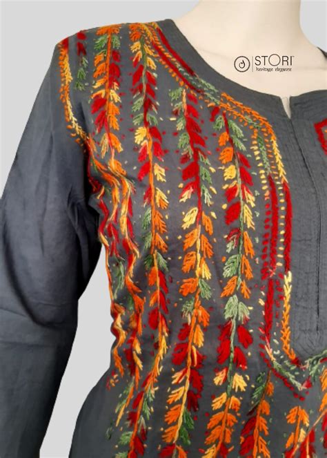 Nihaar Grey Pure Cotton Multithread Chikankari Kurti – STORI