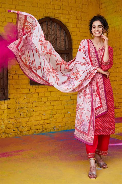 Red Viscose Straight Suit set at Biba India