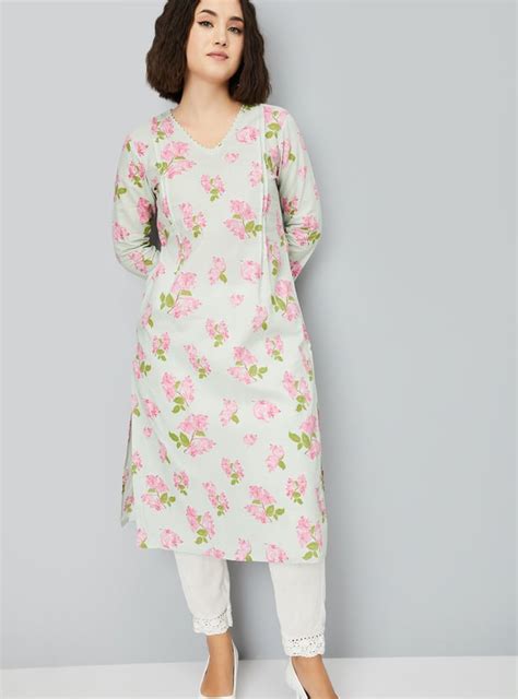 Buy Women Floral Print Straight Kurta with Pleated Detail Online at ...