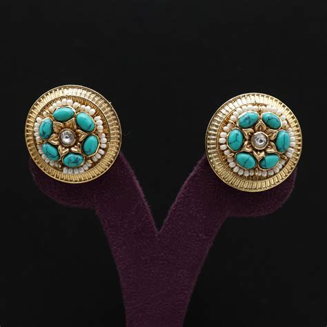 Pearl Chakra Jadau Kundan Big Stud Earrings - Turquoise