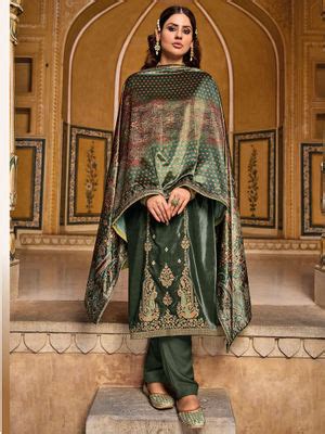 Buy Stylee LIFESTYLE Green Velvet Embroidered Dress Material (Set of 3 ...