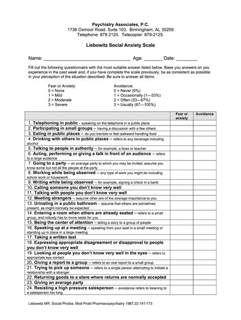 2010-2026 Form AL Psychiatry Associates Liebowitz Social Anxiety Scale ...