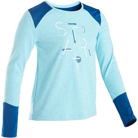 500 Girls' Breathable Cotton Long-Sleeved Gym T-Shirt - Blue Print