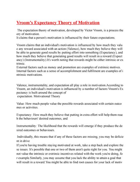 Vrooms Expectancy Theory - It claims that a person's motivation is ...