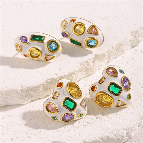Heart Oval 18K Gold CZ Enamel Stainless Steel Stud Earring Pair – ZIVOM