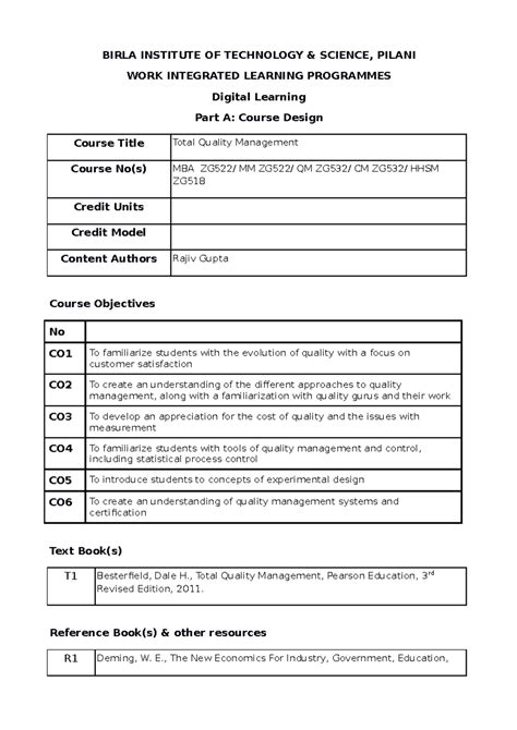QM ZG532- TQM - Summary TQM - BIRLA INSTITUTE OF TECHNOLOGY SCIENCE ...