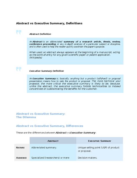 RA Abstract vs Executive Summary - Abstract vs Executive Summary ...
