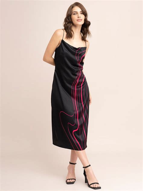 Buy Black And Fuchsia Satin Cowl Neck Slip Dress Online | FableStreet
