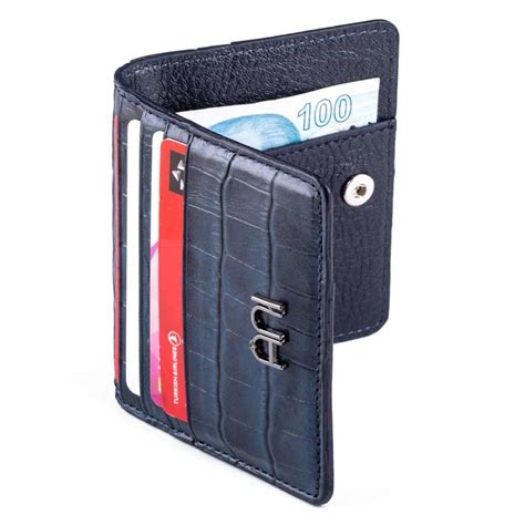 Croc Embossed Leather Mens Card Holder Wallet with Gripper Navy Blue