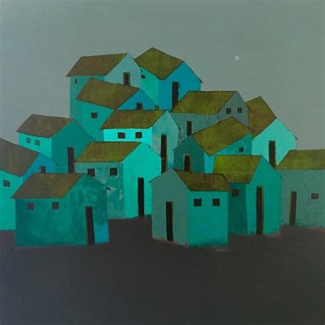 "Village 3": Blue Green Acrylic Painting by Nagesh Ghodke – ArtZolo.com