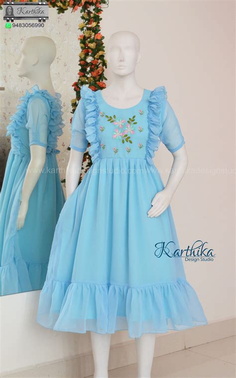 Embroidered sky blue georgette frock – karthika design studio