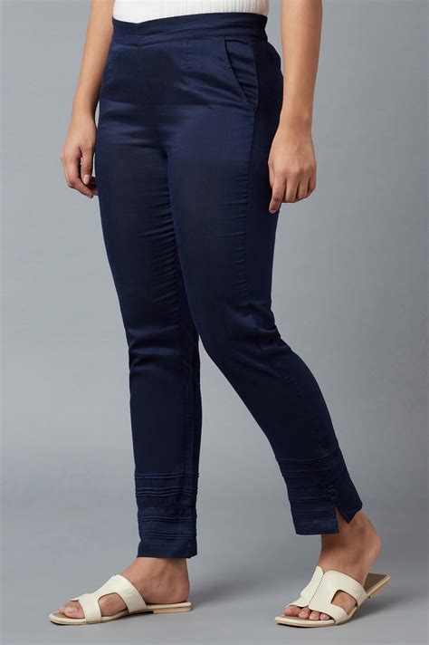 Buy Navy Blue Solid Straight Fit Trousers With Elasticated Waist Online ...