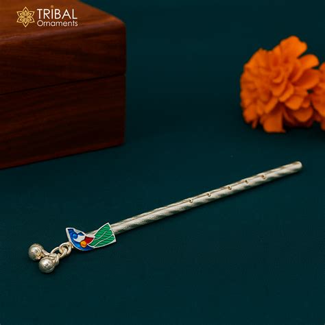 9cm long 925 sterling silver handmade Peacock design Krishna flute, si