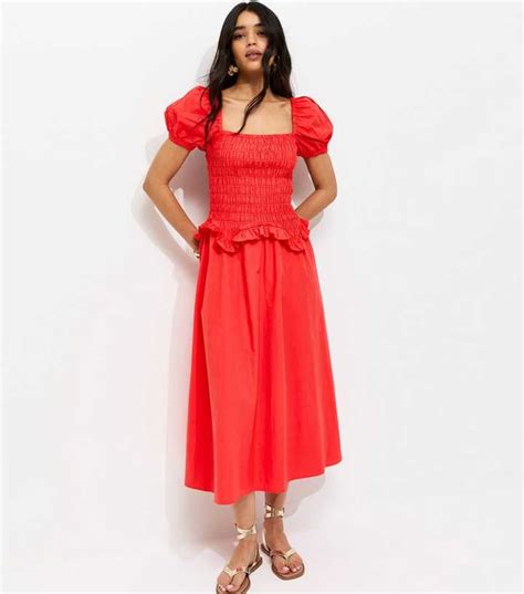 Light Coral Shirred Dropped Waist Midi Dress | New Look