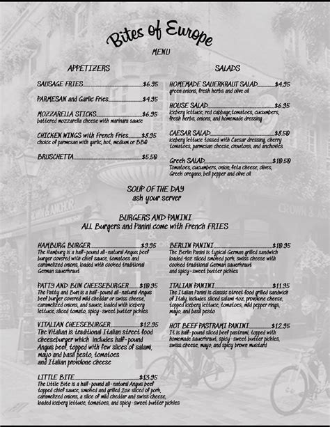 Menu at Bites of Europe restaurant, Las Vegas