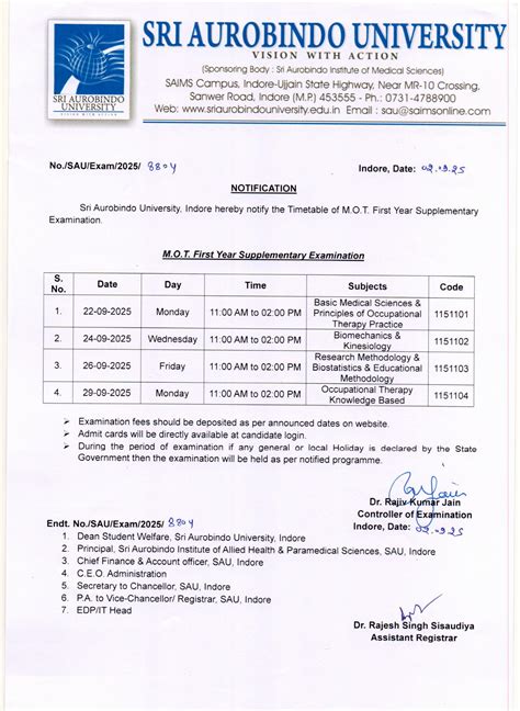 Examination Time Table of MOT First Year Supplementary Exam